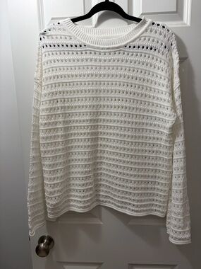 Women's White Open-Knit Crewneck Sweater